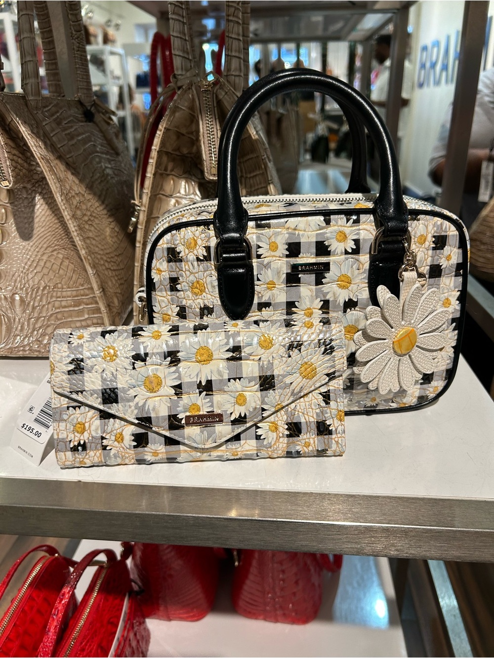 Brahmin Black & White Gingham Daisy Satchel with Matching Wallet